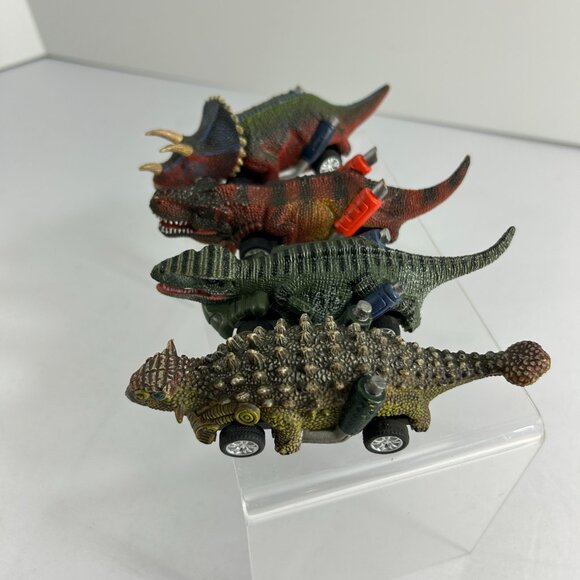 Lot 4 Dinosaur Motorized Pull Back Cars Toys Triceratops Ankylosaurus Works - Picture 2 of 7